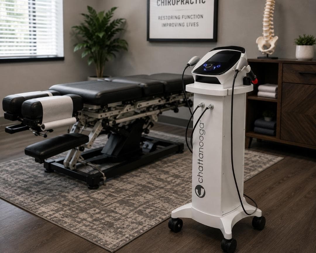 The Chattanooga shockwave therapy system on its mobile cart beside a treatment table at Dixon Chiropractic and Spine Clinic in Etobicoke.